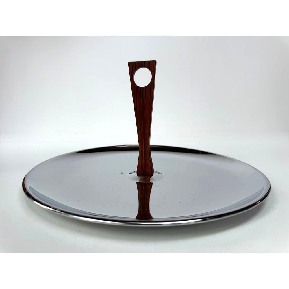 Vintage Mid Century Modern Chrome Serving Tray with Rotating Wood Handle